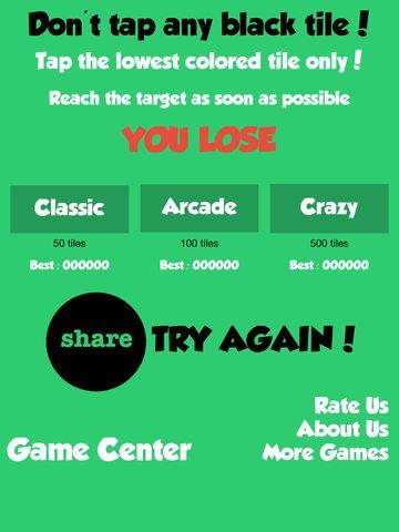 Portada de Don't tap any black tile! Touch the lowest colored tile only! Reach the target as soon as possible.
